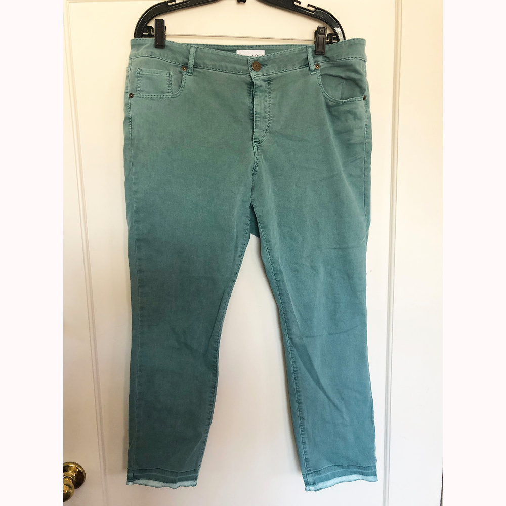 Loft Plus Green Wash Mid Waist Jeans with Raw Hem